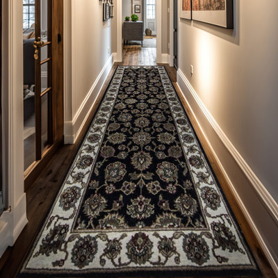 Hand-Knotted High-Quality Black and Ivory Runner