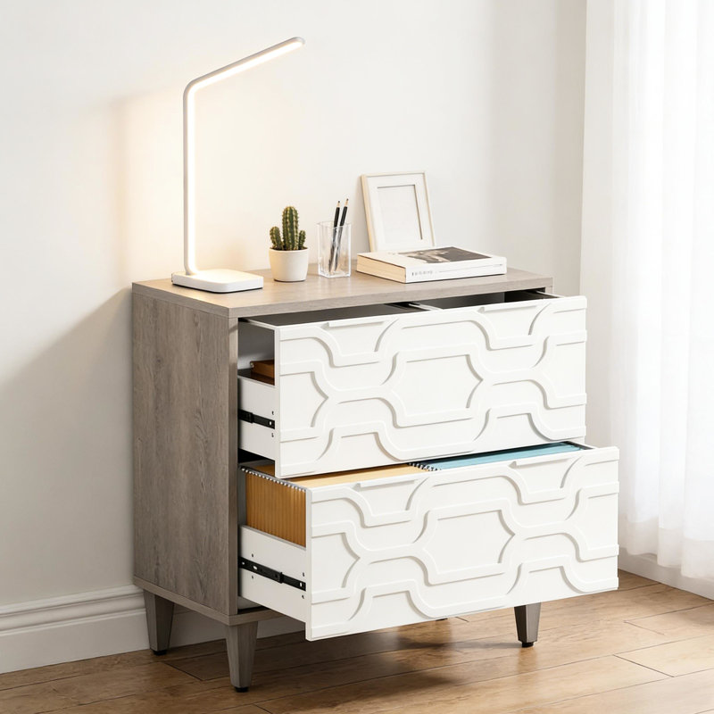 Classeur 2 tiroirs, armoire de rangement spacieuse, Gris / Blanc