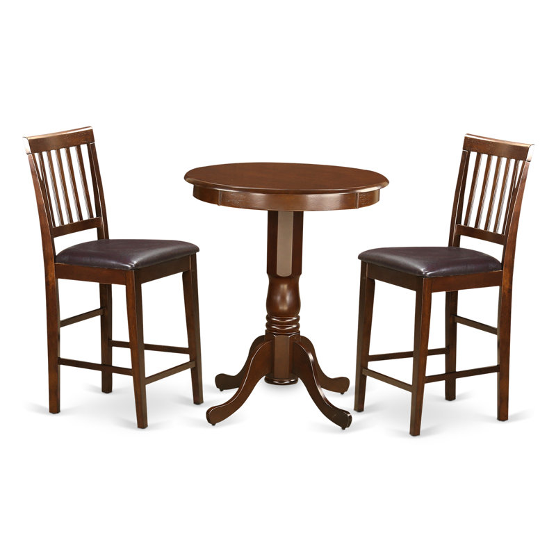 L'ensemble de salle à manger 3 pièces à hauteur de comptoir comprend une table de salle à manger ronde avec piédestal et 2 chaises rembourrées en similicuir, acajou