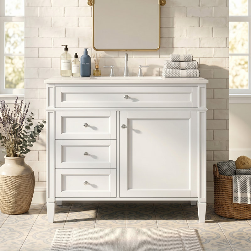 Meuble-lavabo autoportant 36 po en bois aggloméré avec lavabo en céramique blanc, armoire de salle de bain blanche avec 2 tiroirs, tablettes de porte réglables et tiroir basculant