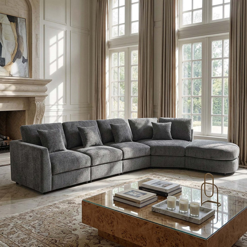 Canapé modulaire incurvé moderne avec revêtement en chenille et confort d'assise profond, Grey Chenille