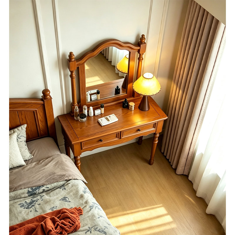 Table de coiffeuse rétro en bois de frêne massif avec miroir et deux tiroirs
