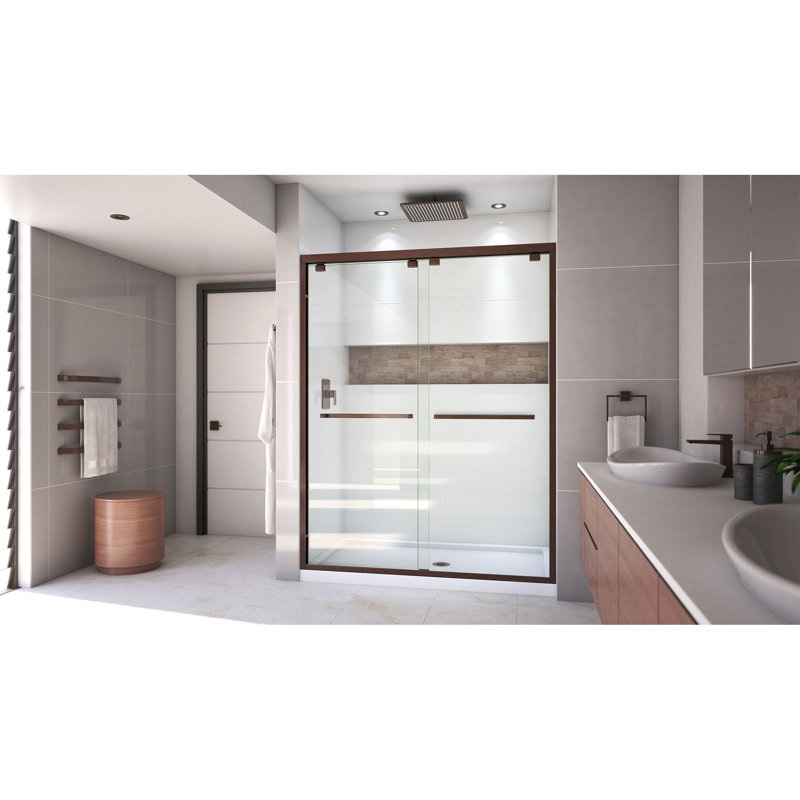 Encore 78.75" H Semi-frameless Sliding Shower Enclosure, Oil Rubbed Bronze/White, Center