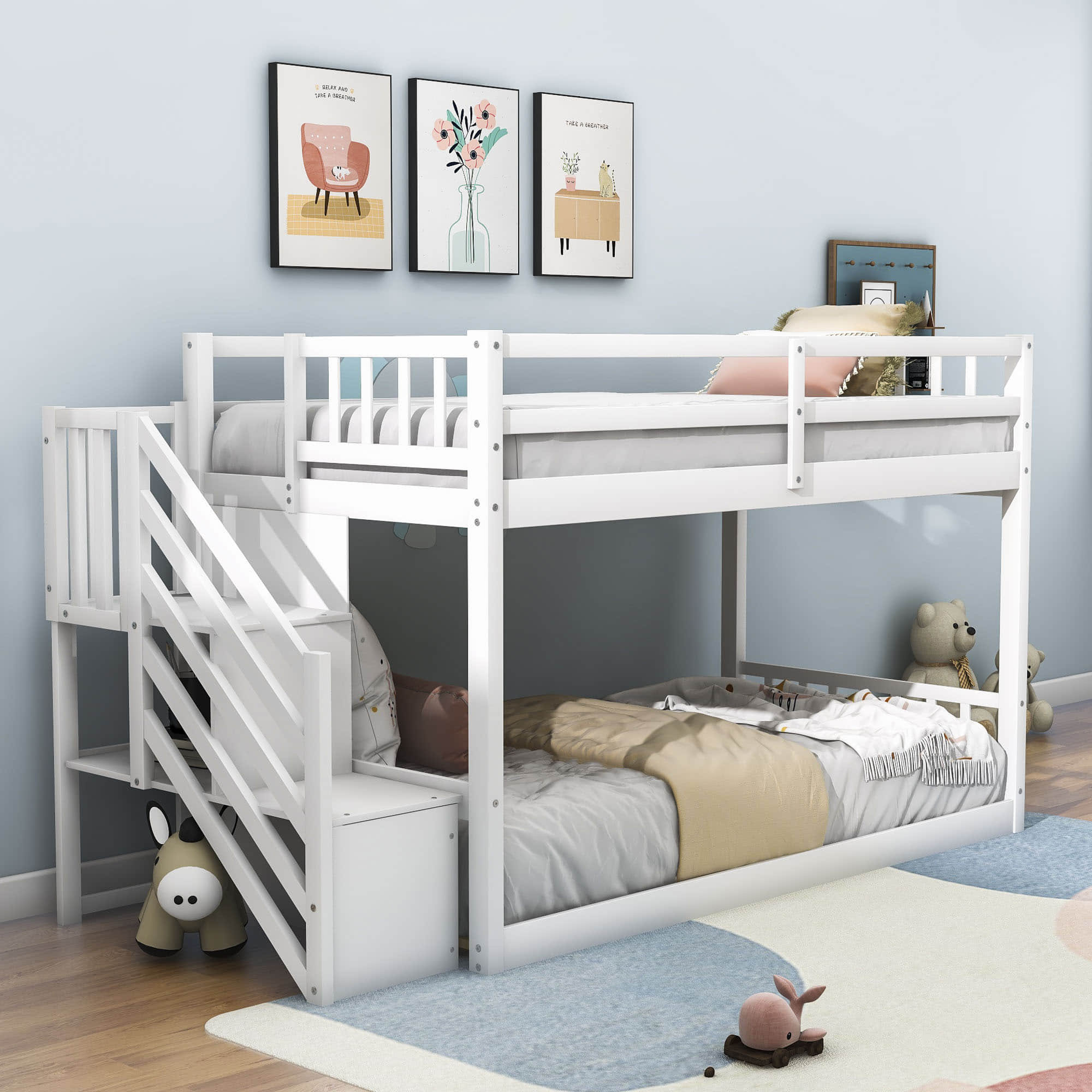 Low Twin Over Twin Bunk Bed - Solid Rubber Wood Frame, Built-in Ladder & Guardrails, No Box Spring Needed, Space-Saving Kids Bed, Grey