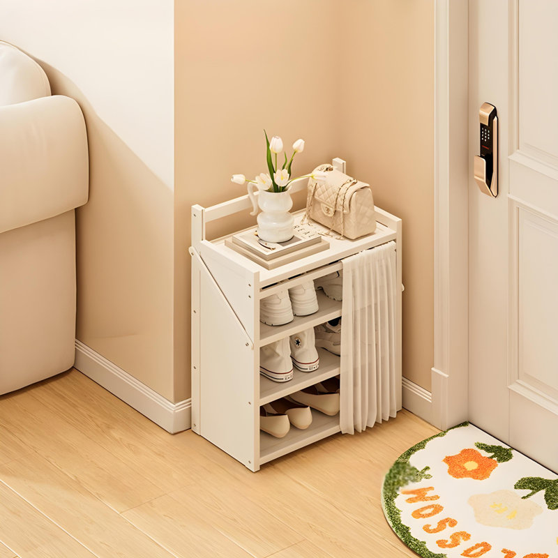 Narrow Multi-Layer Foldable Bamboo Shoe Rack With Dust-Proof Curtain For Home Entryway