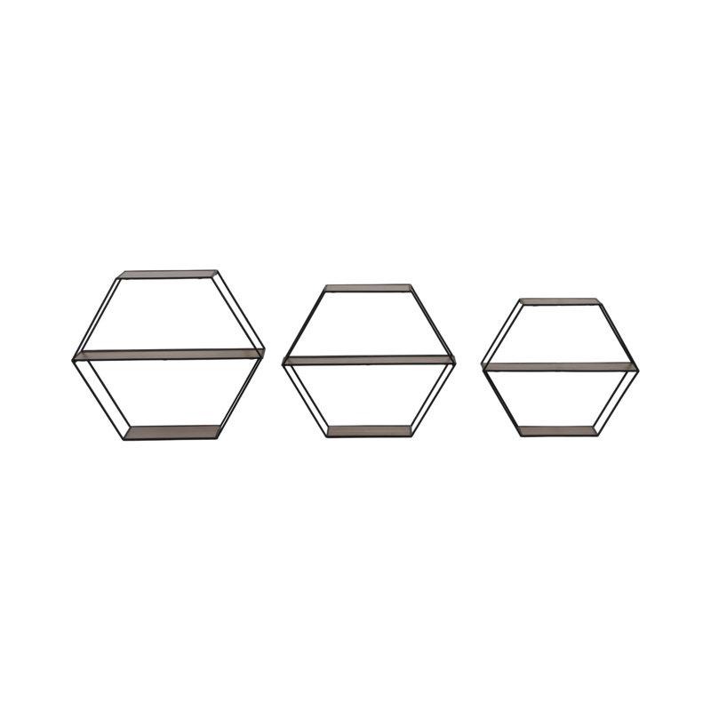 Denegal Hexagon Wall Shelves with Wood and Metal Frame Featuring MDF Panels and Boho Iron Detailing Set of 3, Black