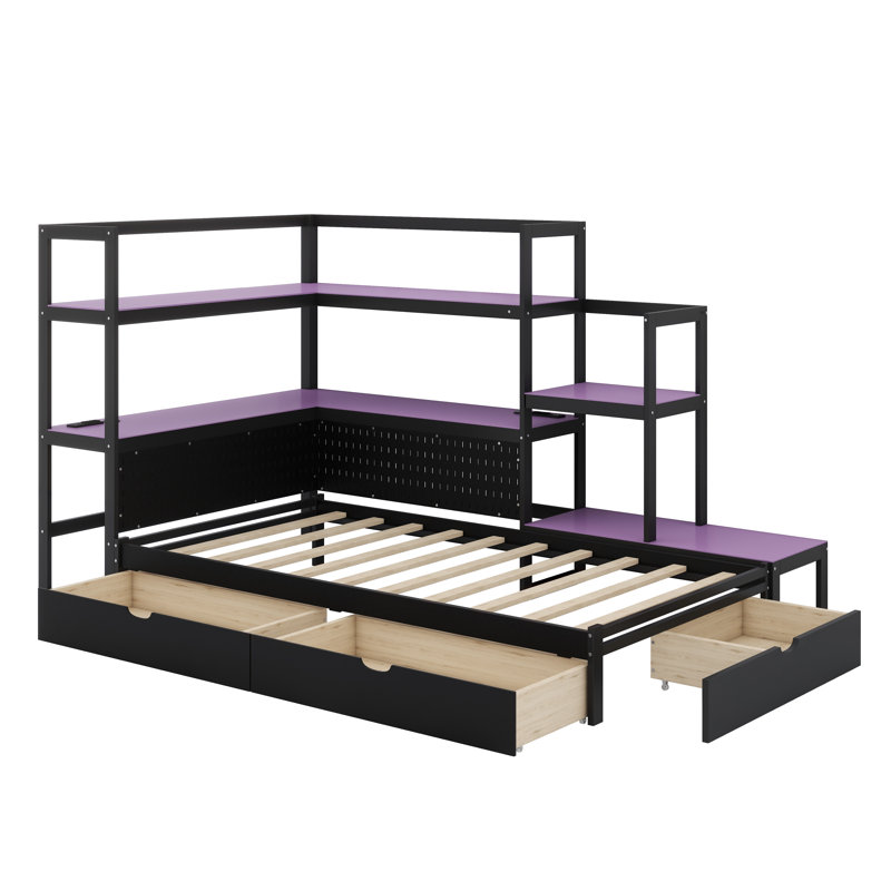 Cadre de lit multifonctionnel avec bureau, lumières DEL et station de charge latérale pour les joueurs, Noir et mauve