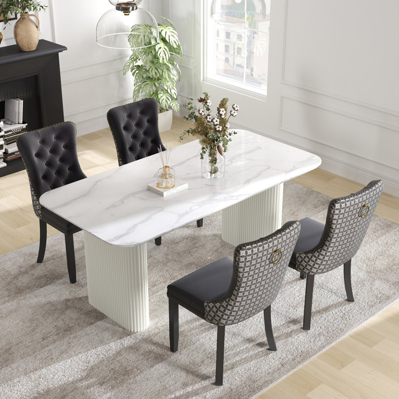 Rectangle Double Pedestal Dining Set with Cream Style Dining Table, 5, Black/Beige