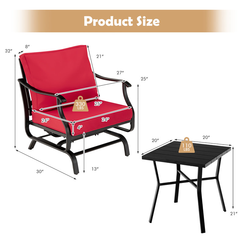 Arizbeth, ensemble de bistro avec chaise berçante et accoudoirs rembourrés, 3 pièces, rouge