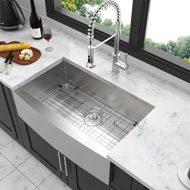 Évier de cuisine à tablier frontal en acier inoxydable de calibre 18 de 36 pouces avec son silencieux - stratégie de réduction, revêtement de condensation, drainage en X pour une circulation d'eau douce, support à enrouler, grille de rinçage, installation