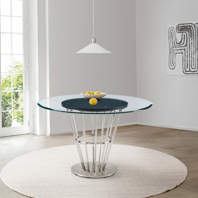 Jaresha Contemporary 48" Round Dining Table with Pedestal Metal Base and Glass Top