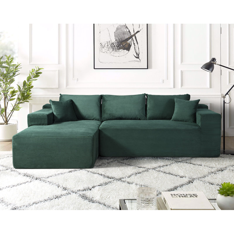 Boneless high density foam sectional sofa, Left Hand Facing, Dark Green Corduroy