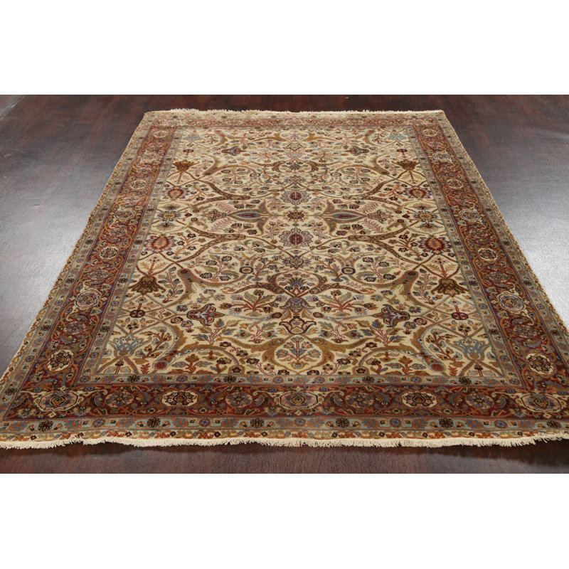 Tapis beige / brun en laine noué à la main de conception unique 6 pi 10 po x 9 pi New Age