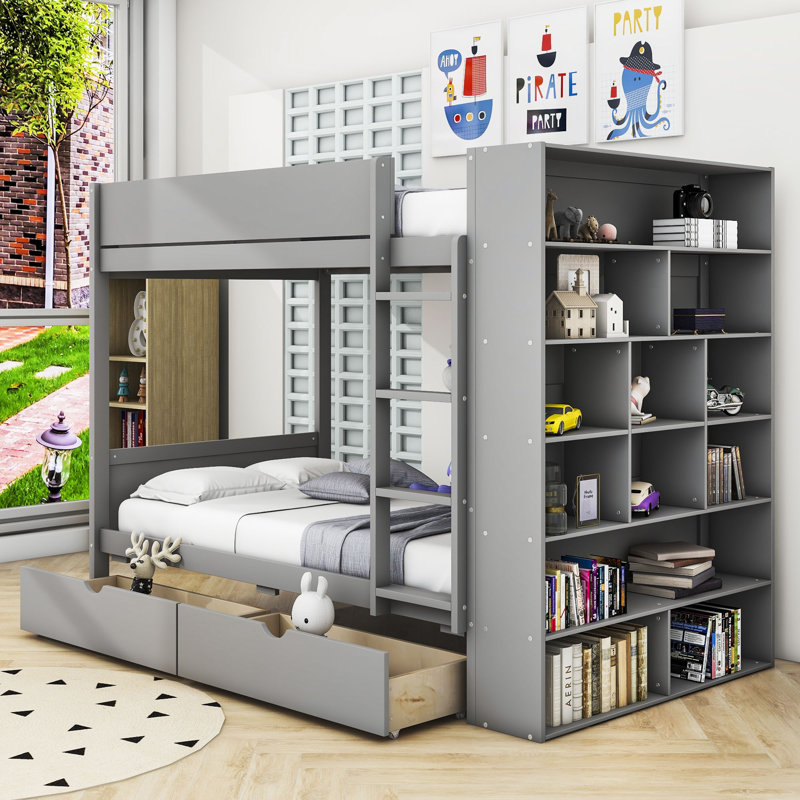 Aleiah Kids Twin Bunk Bed with Drawers, Twin over Twin, Gray