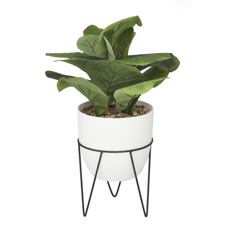 19.25'' Green Faux Pilea Plant in White Metal Pot
