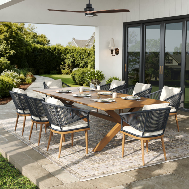 Rectangular Outdoor Dining Set With Cushions, Beige Cushion/Brown/Grey Frame, 8