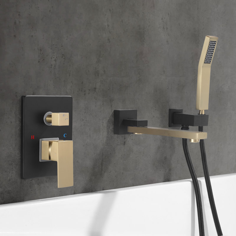 10-2/5" Solid Brass Wall Mounted Bathtub Faucet with Handheld Shower, Brushed Gold/Matte Black