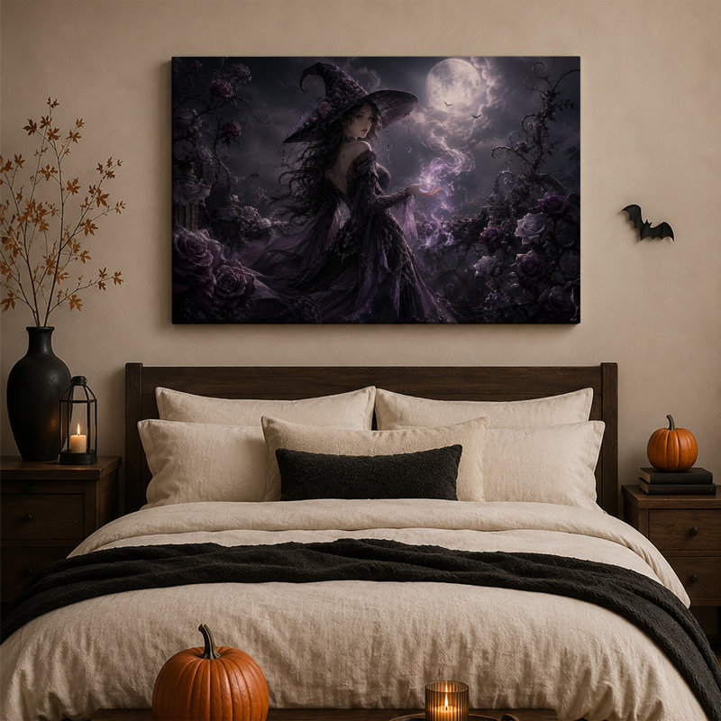 «Witch Casting», magie mauve sous la pleine lune avec toile d'Halloween, H 32 po x l 48 po
