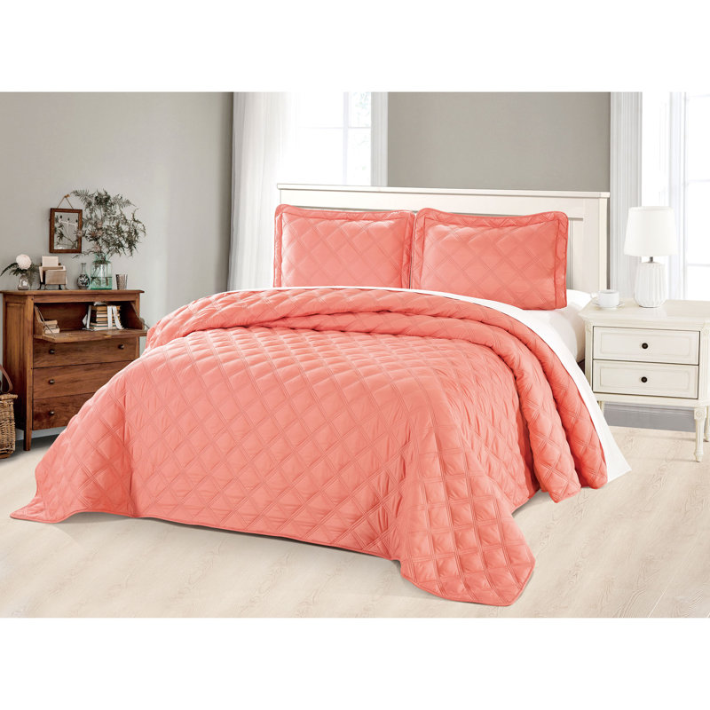 Ensemble de courtepointe en duvet synthétique 3 pièces Charleston, Couvre-lit très grand + 2 taies décoratives simp, Corail
