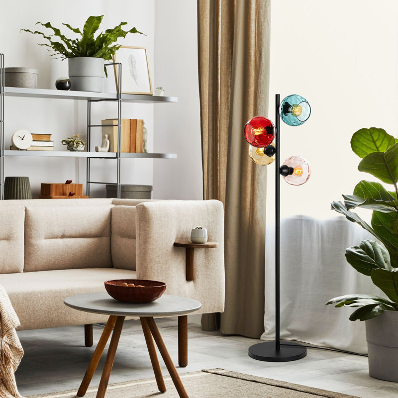 Lampe sur pied moderne avec corps en métal, noir, 14,2 x 14,2 x 53,1 pouces | Bouchon en verre, 4 x douilles E27 (40 W maximum), éclairage domestique élégant | Certifié IP20, idéal pour le salon, la chambre à coucher et le bureau