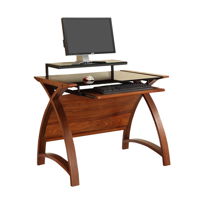 Sunterra Glass Top Computer Desk, 84cm H x 90cm W x 64cm D, Walnut/Piano Black Glass