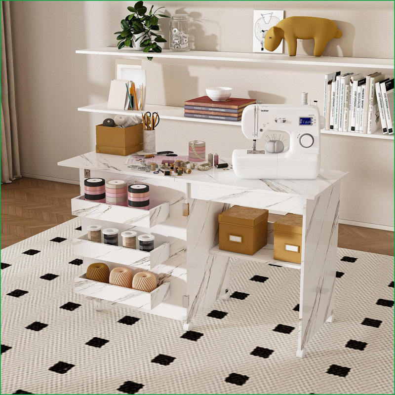 Dining Tables | Mesa de Comedor, 4-in-1 Folding Modern Engineered Wood Table with Storage, for Dining Crafting | off-white