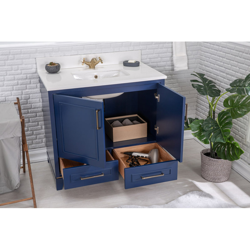 Ensemble de meuble-lavabo simple 35,4 po avec miroir Chardarius, Bleu foncé