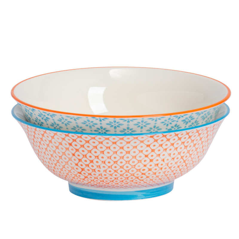 Nicola Spring - Hand-Printed Serving Bowls - 21.5cm - Orange/Blue - Pack of 2