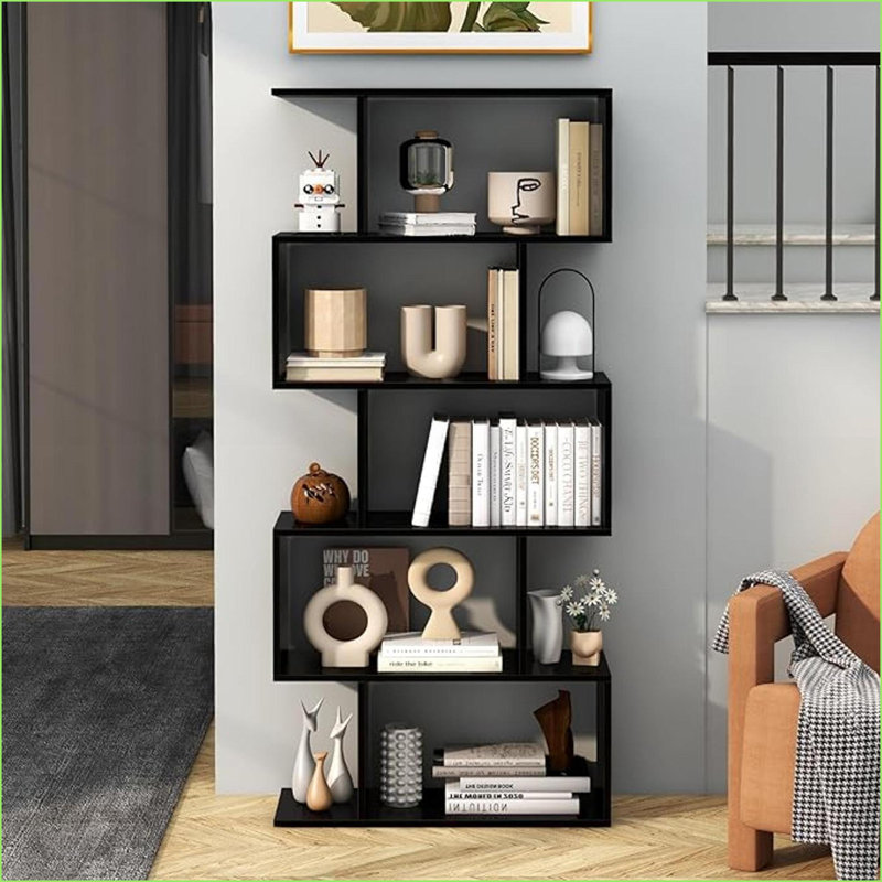 Bibliothèque | Tablette moderne en forme de S à 6 tablettes H 75,5 po brun noyer | Bois d'ingénierie | Sur pied, Naturel