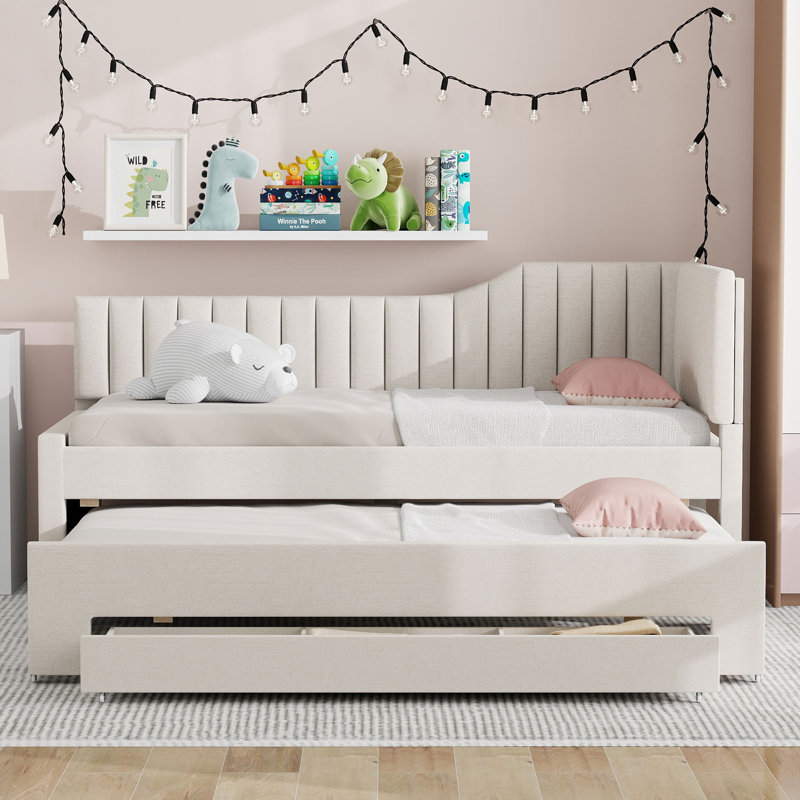 Full Size Upholstered Daybed with Trundle and 3 Storage Drawers – Beige Space-Saving Bedroom Furniture, Beige, Full