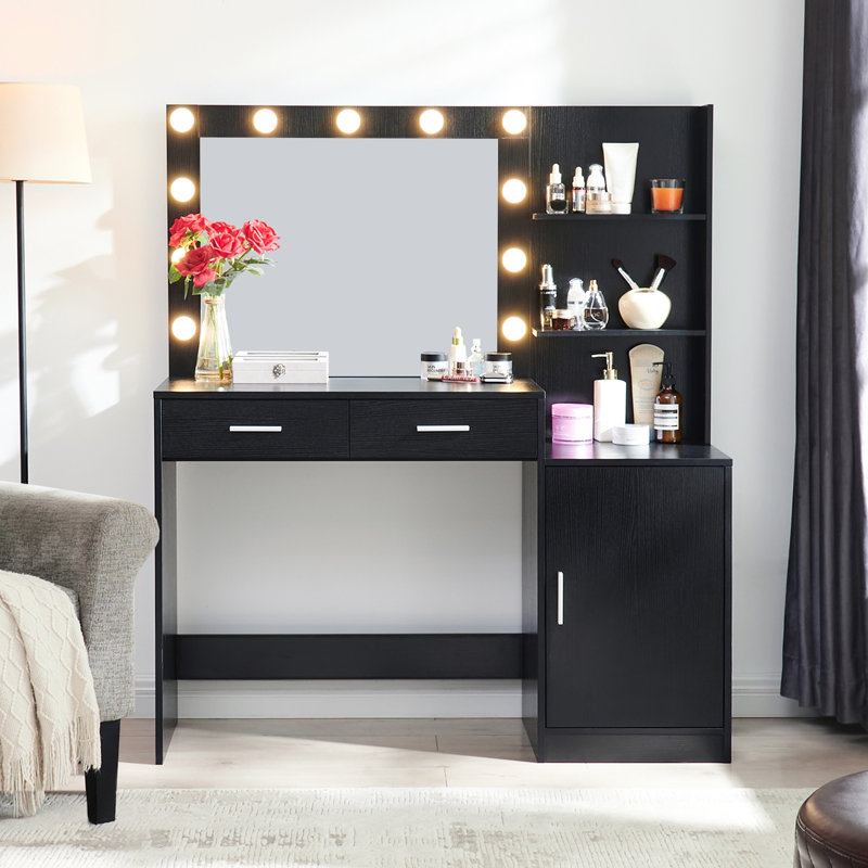 46.4In Dressing Table With Mirror And Lights - Vanity Desk 2 Large Drawers & Vertical Organizer, 3 Level Dresser, Adjustable Brightness Lighting Modes For Bedroom  Black Brightness,