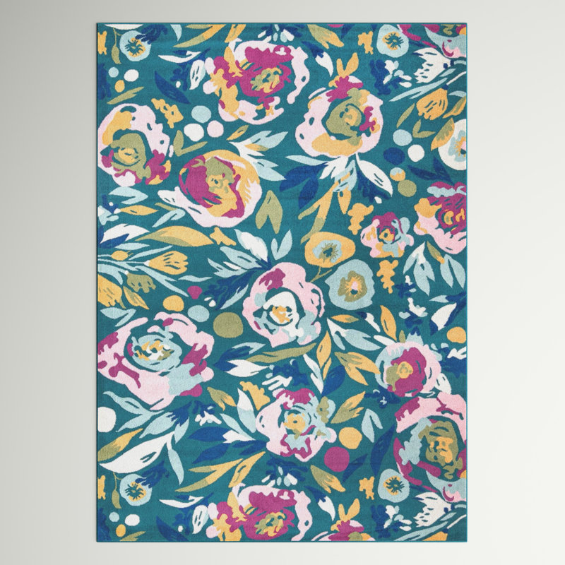 Holle Floral Area Rug, Rectangle 5'3" x 8', Teal/Yellow/Pink