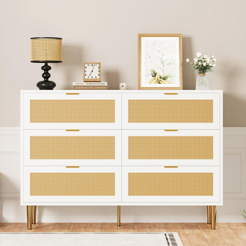Commode 6 pièces en rotin avec commode en bois et pieds en métal, Blanc