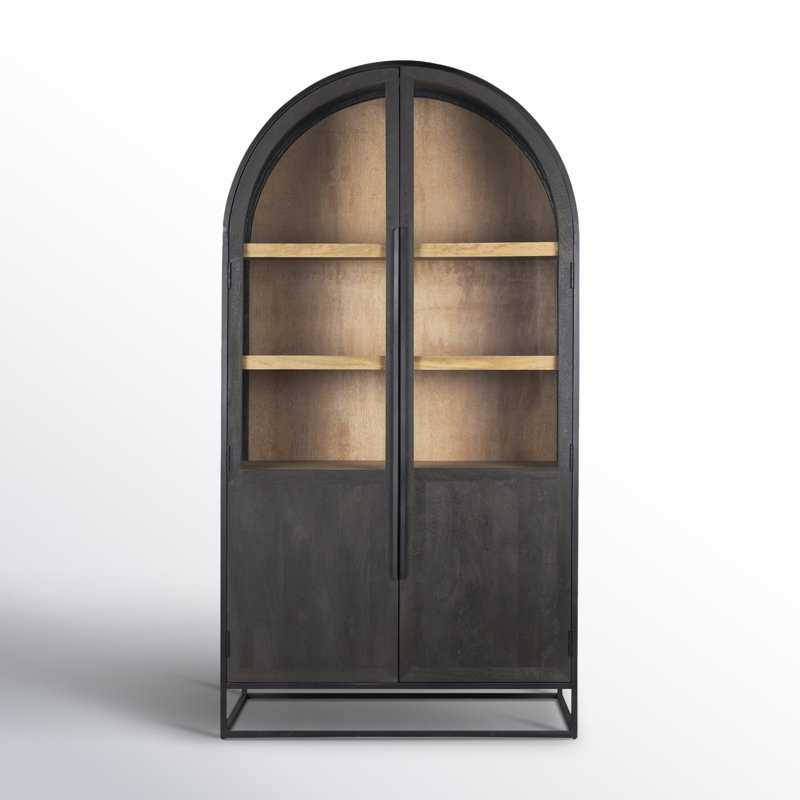 Clementine Wood W/Black Metal Arched Curio Cabinet, Black/Natural