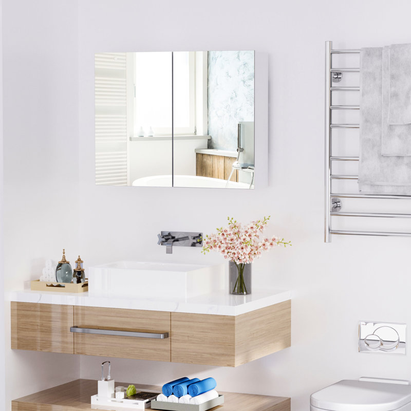 Armoire de salle de bain avec miroir - 31,5 po X 23,5 po, style moderne, grande capacité de rangement, charnières de porte silencieuses, blanc avec esthétique, rangement interne,