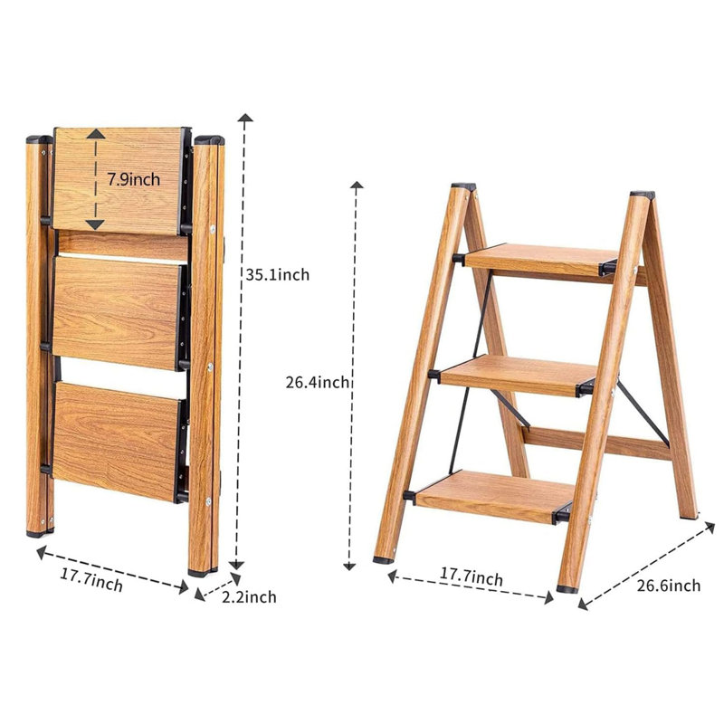 3 Step Ladder, Folding Step Stool With Anti-Slip Wide Sturdy Pedal And Handgrip, Multi-Use For Home And Kitchen Use, Space Saving-Woodgrain(300 Lbs Capacity)