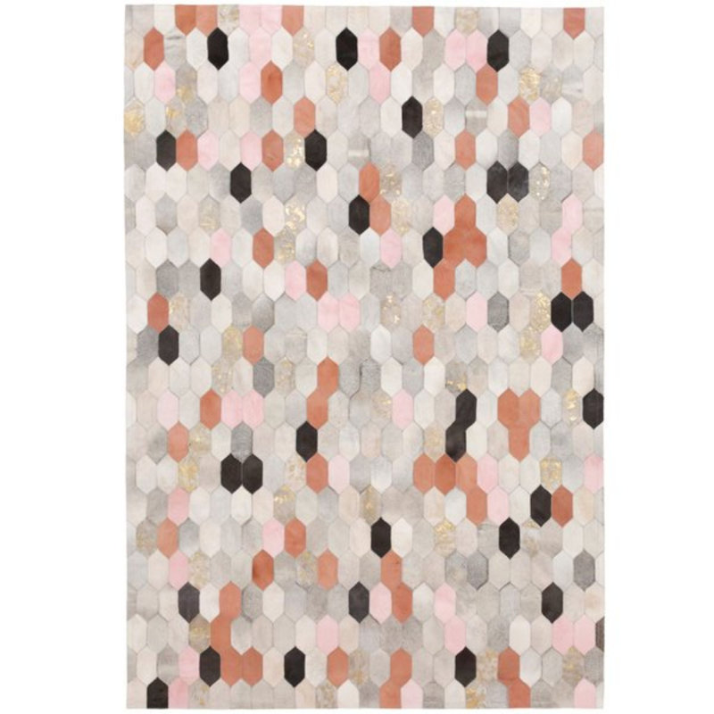 Tapis gris en cuir de vache à motif géométrique, Rectangle 6 pi 7 po x 9 pi 8 po