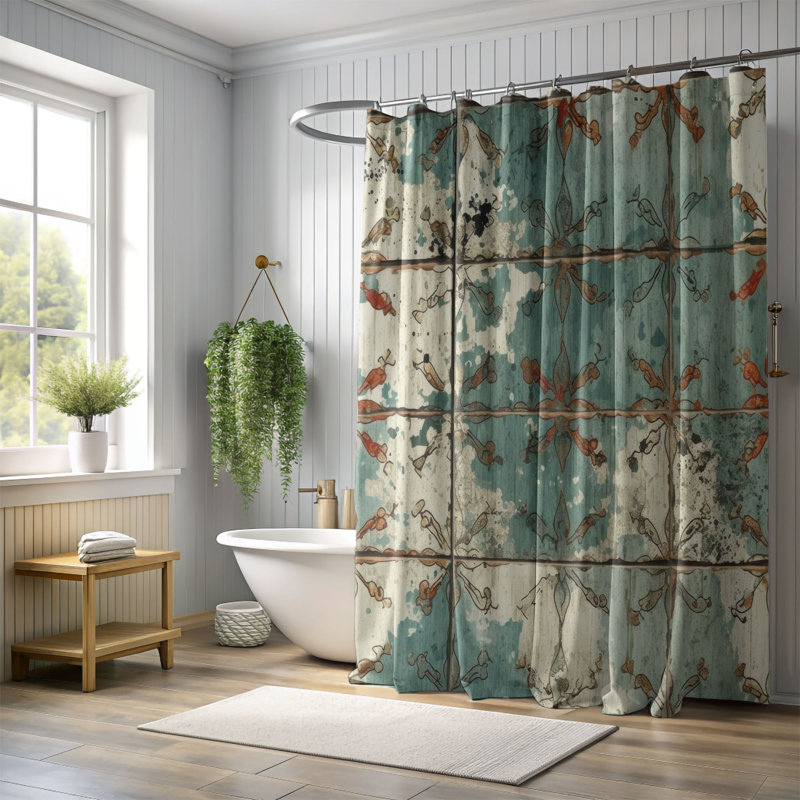 Heritage Tiles - Rideau de douche Premium, H 74 po x l 71 po