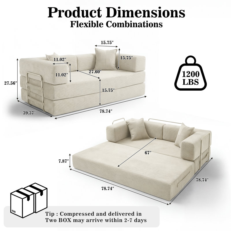 Canapé-lit pliable de 78 po, canapé-lit futon 4-en-1, canapé-lit convertible en mousse à mémoire de forme, canapé avec accoudoir de soutien pour le dossier, vert