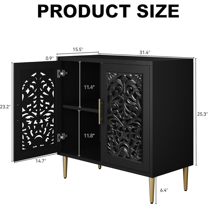 Black Hollow Carved 2-Door Vintage Accent Cabinet