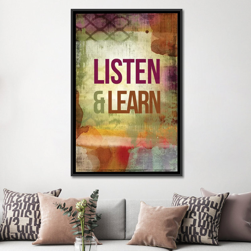 « listen & learn », reproduction d’impression sur toile, H 26 po x l 18 po x P 1,5 po, Toile avec cadre noir, Pas de tapis