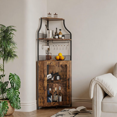 Meuble-bar d'angle de 155 cm de haut avec éclairage DEL, portes grillagées et portes coulissantes, porte-verres, style industriel rustique brun – Couleur classique avec éclairage