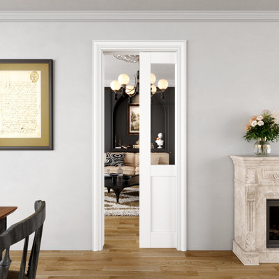 Interior Pocket Doors Half Clear Glass Panel Bathroom Door 1-Lite Sliding Pocket Doors Solid Manufactured Wood Primed Solid Core Sliding Doors With Hardware