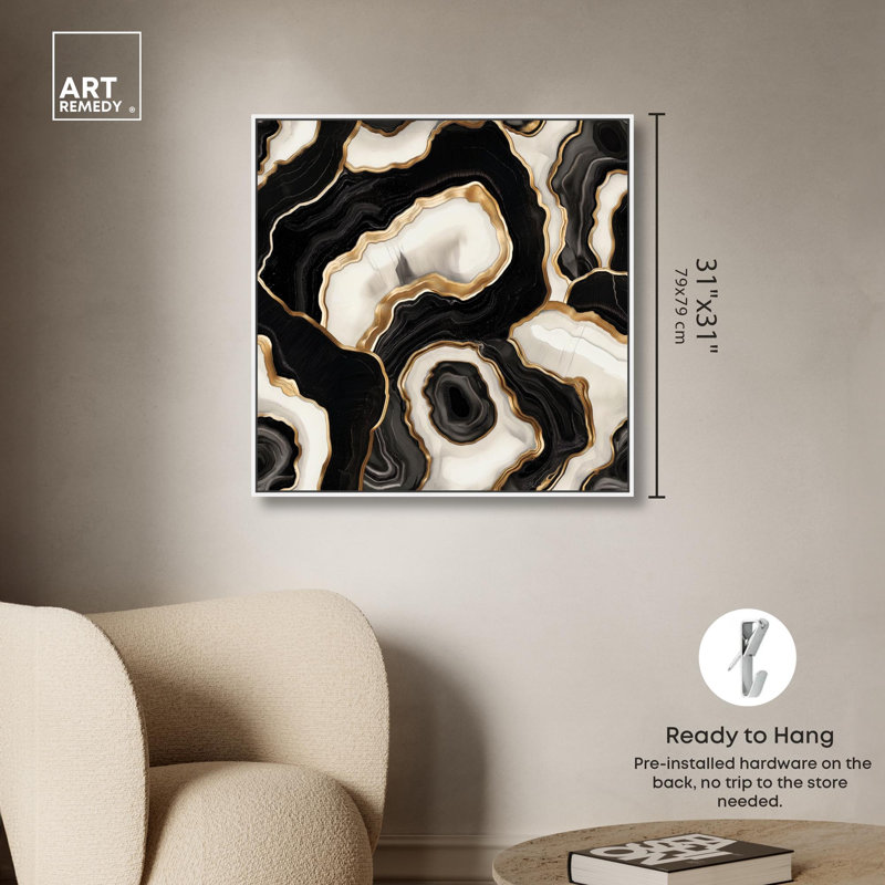 «Coal Core Canvas Geode», art mural , H 31 po x l 31 po, Cadre flottant blanc