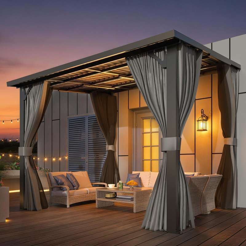2.4x3m Lean-to Gazebo With Curtains And Mosquito Netting