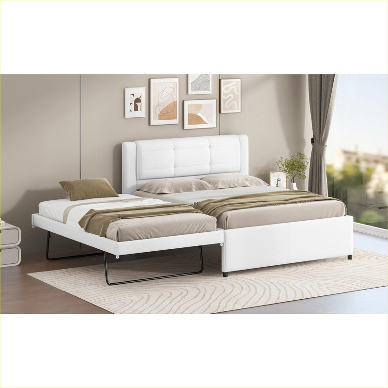 Pour un lit d'invité, lit plateforme tapissier beige chaud avec lit gigogne réglable, style neutre classique