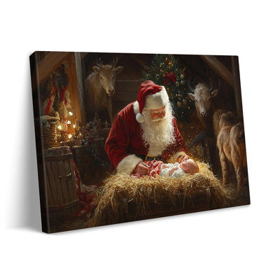 Santa Canvas Wall Art Vintage Oil Painting Of Santa With Baby Jesus In A Stable Heartwarming Nativity Scene Christmas Decor For Home Living Room Fireplace Gallery Wrapped 24X16in