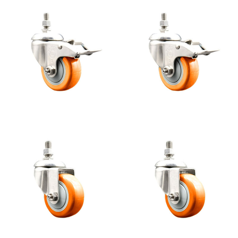 Ensemble de 3 roulettes à tige filetée 3,5 pouces en polyuréthane orange de 3,5 pouces avec frein de verrouillage 2