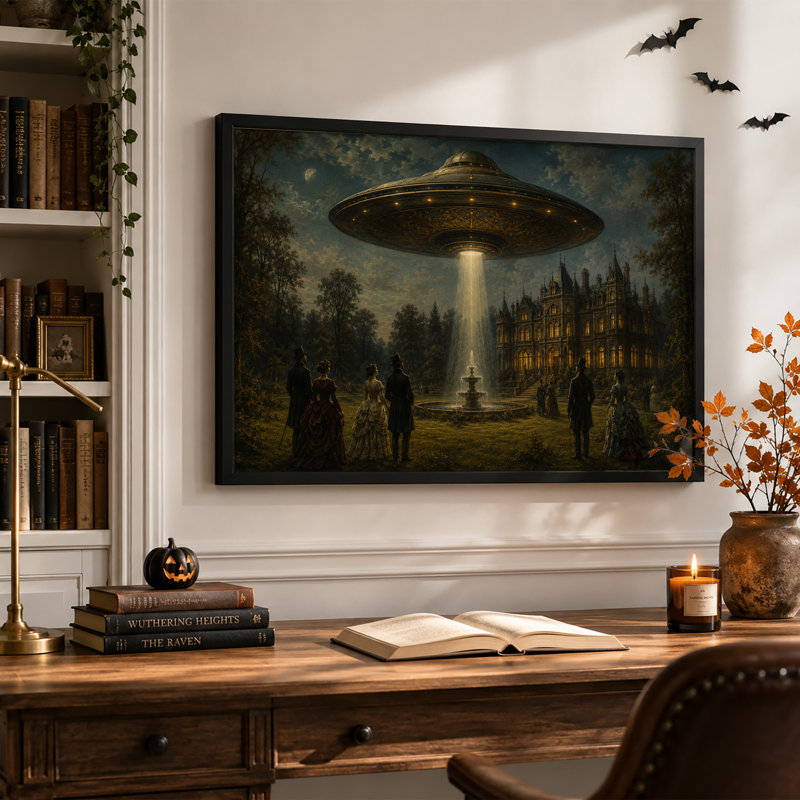 Toile murale représentant un OVNI orné planant au-dessus d'un manoir victorien à l'Halloween, 20"H x 30"W