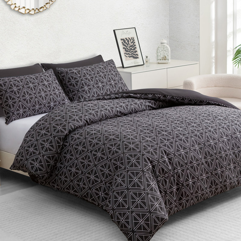 Soft Touch Reversible Duvet Cover  with Secure Zipper & Corner Ties, Black, Double Duvet Cover + 2 Standard Pillowcases